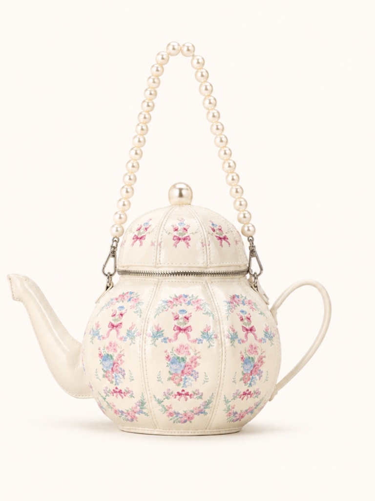 White With Delicate Floral Teapot Bag W Faux Pearl Handle New